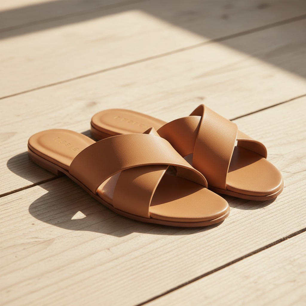 A pair of tan leather slide sandals with crisscross straps rest on a light wood floor.